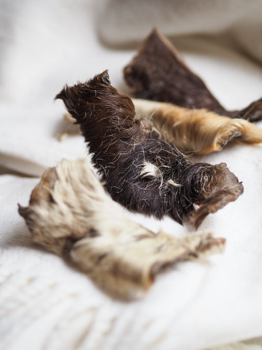 Vufferiet's favoritter Hestehuds strimler m. pels - 200g.