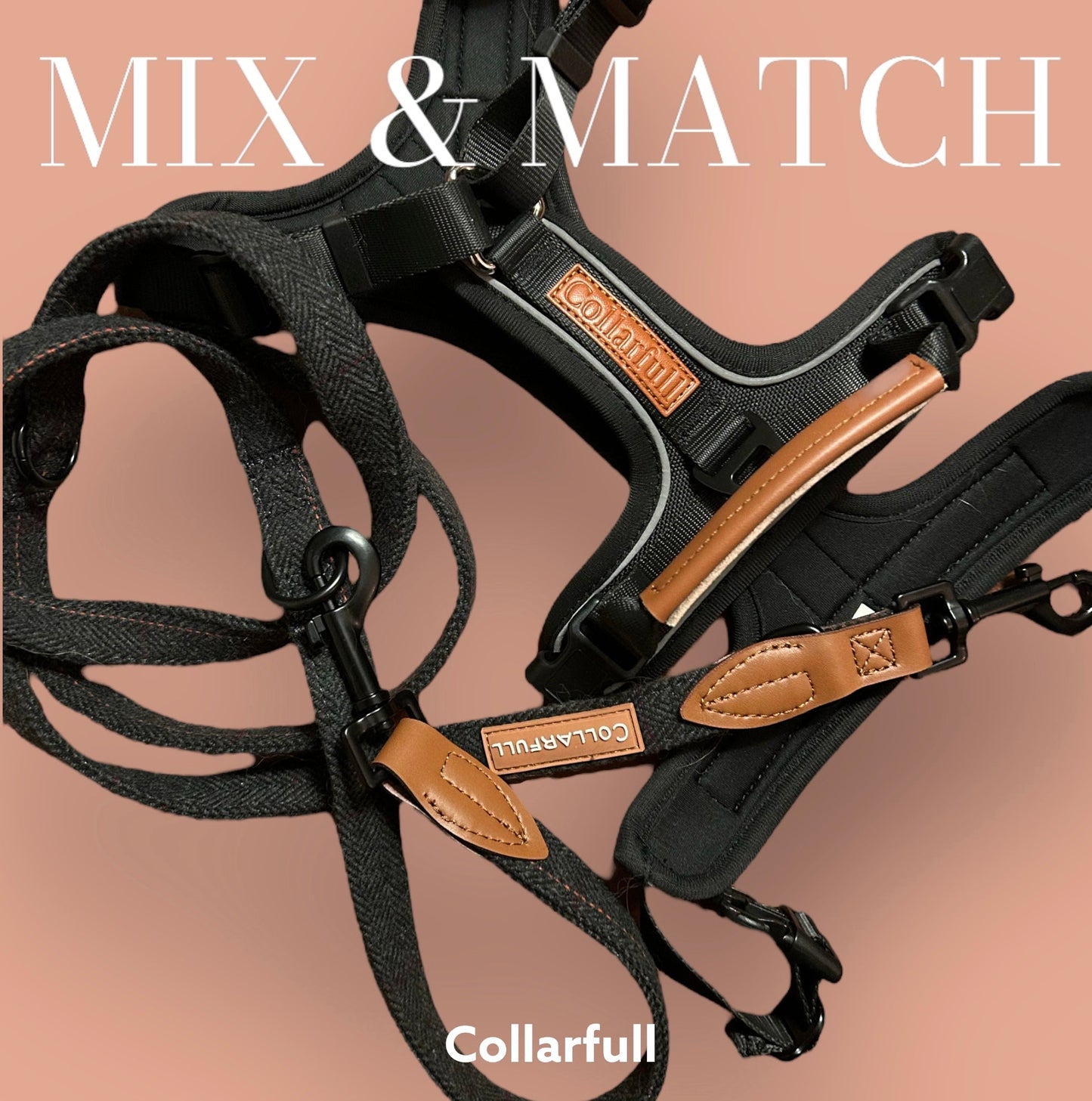 Adjustable dog lead - Black Herringbone Tweed